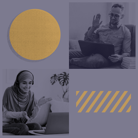 Woman smiling at laptop and man smiling and waving in different rooms in an online appointment