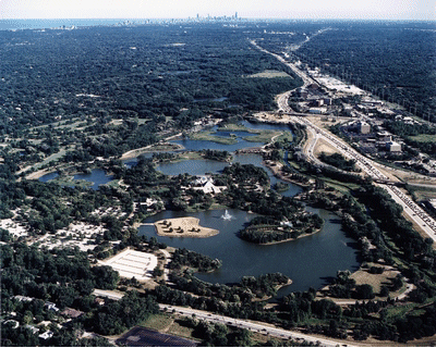 Aerial view of Chicago Botanic Garden