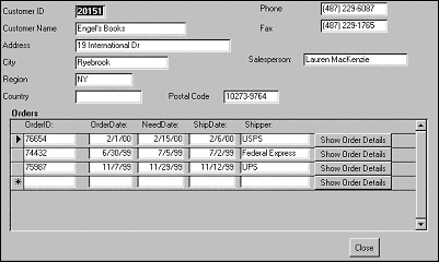 A form displaying data from tables with a one-to-many relationship