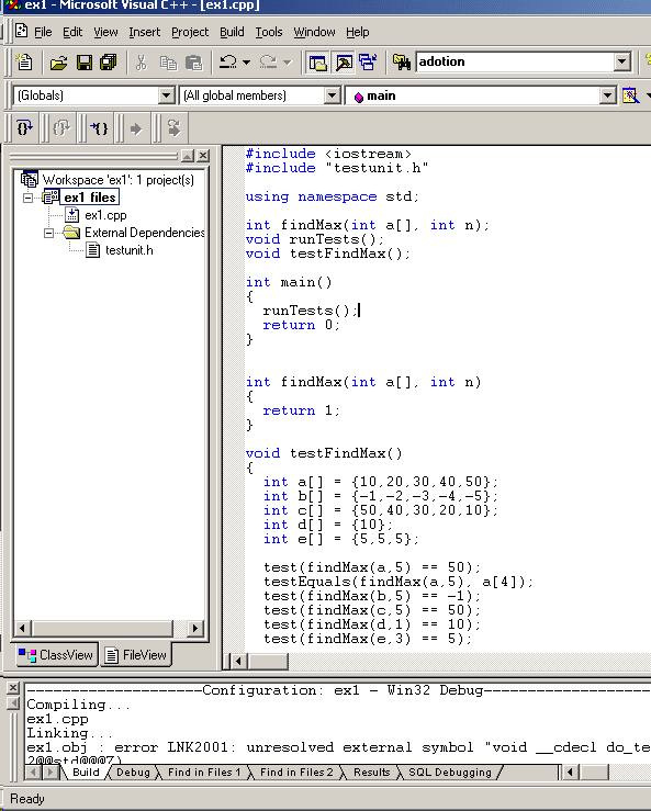 VisualC++ screen shot after trying to
    build ex1.exe