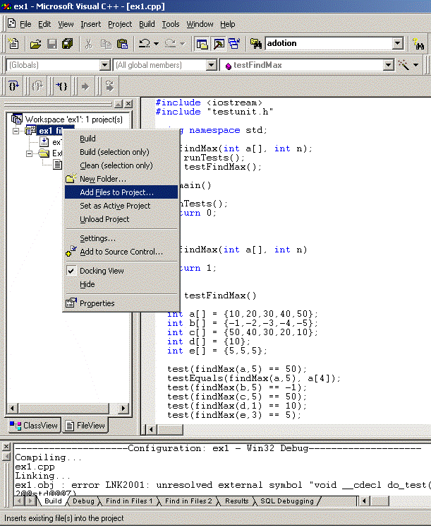 Right click on ex1 files and select
    Add Files to Project