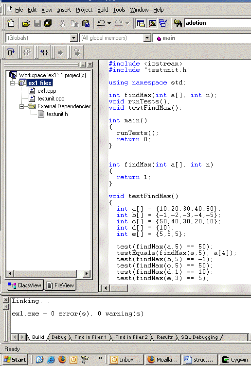 Rebuild the project. It should
    now contain ex1.cpp, testunit.cpp and the header file testunit.h
    and compile with no errors.