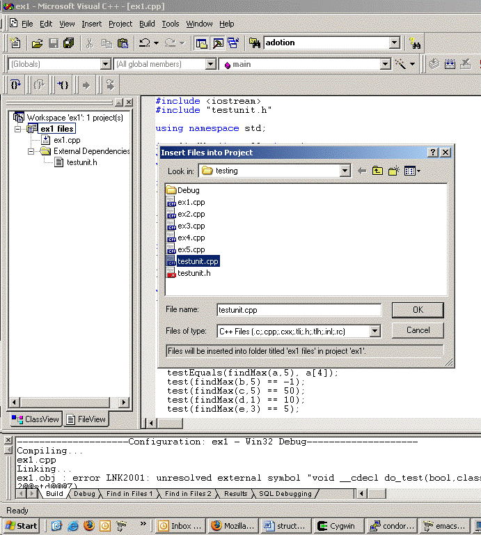 Select the testunit.cpp file to
    add to the project.